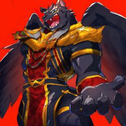1boy animal_ears claws commentary fangs feathered_wings furry furry_male highres jaguar_boy jaguar_ears male_focus open_mouth red_background suna_sand1 tezcatlipoca_(housamo) tokyo_houkago_summoners whiskers wings