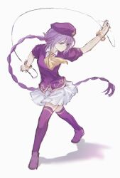 1girl ascot beret bracelet braid collared_shirt commentary hashtag-only_commentary hat highres jewelry long_hair melty_blood miniskirt pleated_skirt purple_eyes purple_hair purple_shirt purple_shoes purple_thighhighs shadow shirt shoes short_sleeves single_braid sion_eltnam_(type-moon) sion_eltnam_atlasia skirt solo tara3763 thighhighs tsukihime very_long_hair white_background white_shirt white_skirt yellow_ascot
