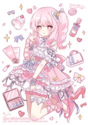 1other \||/ akiyama_mizuki anklet arm_ribbon artist_name back_ribbon bag black_bow blue_ribbon bottle bow closed_mouth commentary copyright_notice cosmetics cup detached_sleeves dress dress_ribbon feet_up food frilled_anklet frilled_dress frilled_sleeves frilled_wrist_cuffs frills fruit full_body grey_ribbon hair_between_eyes hair_ribbon hand_up handbag heart high_heels high_side_ponytail highres jewelry leg_ribbon lipstick_tube long_hair low_block_heels macaron makeup_palette mug neck_ribbon net official_alternate_costume outline perfume_bottle petticoat pink_dress pink_eyes pink_hair pink_outline pink_ribbon pink_shoes pink_theme polka_dot polka_dot_bow project_sekai ribbon secret_distance_(project_sekai) shoes sidelocks skirt sleeveless sleeveless_dress smile solo sparkle star_(symbol) strawberry striped_ribbon suspender_skirt suspenders swept_bangs thigh_ribbon three_quarter_view two-tone_dress white_background white_dress white_ribbon wrist_cuffs yukomeow