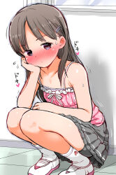 Rule 34 | 1girl, bare arms, bare shoulders, black hair, blush, boyshort panties, camisole, closed mouth, collarbone, grey eyes, grey shorts, grey skirt, hair ornament, hairclip, hand up, highres, long hair, looking at viewer, nose blush, original, pink camisole, polka dot camisole, shoes, shorts, shorts under skirt, skirt, socks, solo, squatting, sweat, tile floor, tiles, translated, umekko, white shoes, white socks, window