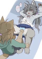 2girls ahoge animal_ears blue_panties blue_skirt brown_hair cat_ears cat_tail crotch_stomping denki_anma dog_ears dog_tail fangs female_focus female_footjob furry furry_female green_hoodie grey_fur grey_hair highres hood hoodie kiori_nezumi koorinezumi low_twintails lying multiple_girls on_back open_mouth original panties pleated_skirt ryona skirt spread_legs stepped_on stepping_on_pussy stomping tail through_clothes twintails underwear yuri