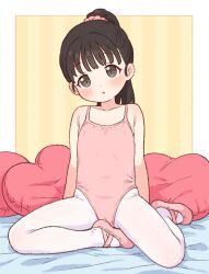 1girl :o ballet_slippers black_eyes black_hair blush covered_erect_nipples dot_nose heart heart-shaped_pillow leotard loli onyhakase original pillow ponytail sitting solo