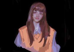1girl black_eyes blunt_bangs brown_hair collared_shirt hair_over_shoulder long_hair looking_at_viewer macaronijail omniscient_reader&#039;s_viewpoint orange_vest shirt smile solo upper_body vest white_shirt yoo_sangah