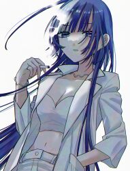 1girl absurdres blue_eyes blue_hair cigarette highres holding holding_cigarette jacket lllll_ucky long_hair looking_at_viewer multicolored_hair original smoke strapless streaked_hair tube_top white_jacket white_tube_top