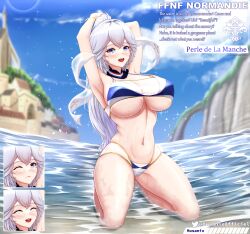 1girl absurdres armpits azur_lane bikini blue_bikini blue_eyes blue_sky blurry blurry_background breasts character_name cliff cloud cloudy_sky commentary day english_commentary high_ponytail highres huge_breasts iris_libre_(emblem) kneeling looking_at_viewer multicolored_bikini multiple_expressions musanix navel normandie_(battleship) original outdoors personification ponytail presenting_armpit skindentation sky solo summer swimsuit two-tone_bikini water white_bikini