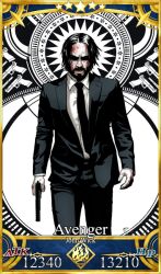 Rule 34 | 1boy, artist request, beard, black hair, blood, blood on face, facial hair, fate/grand order, fate (series), gun, john wick, john wick (character), weapon