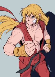 1boy bare_pectorals bare_shoulders blonde_hair blue_eyes closed_mouth collarbone commentary dougi english_commentary fingerless_gloves forked_eyebrows gauze gauze_on_cheek gloves grey_background highres ken_masters long_hair looking_ahead male_focus mista0930 pants pectorals red_dougi red_pants sleeveless smile solo street_fighter street_fighter_zero_(series) very_long_hair yellow_gloves