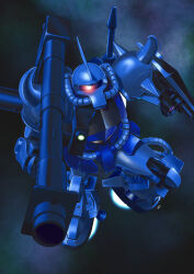 Rule 34 | absurdres, bazooka (gundam), flying, full body, glowing, glowing eye, gouf, gundam, highres, holding, holding rocket launcher, holding weapon, looking at viewer, mecha, mecha focus, mobile suit gundam, no humans, one-eyed, primate nemesis, robot, rocket launcher, shield, space, weapon, zeon