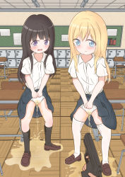 2girls black_socks blonde_hair blue_eyes blush brown_footwear brown_hair ceiling ceiling_light chair classroom clothes_lift collarbone commentary commission desk embarrassed female_focus forced gun handgun highres holding holding_gun holding_weapon indoors kneehighs lemonade_(lemon_ade115) lifting_own_clothes loafers locker long_hair multiple_girls panties pee pee_stain peeing peeing_self peeing_together pistol puddle purple_eyes school school_chair school_desk school_uniform serafuku shoes skeb_commission skirt skirt_lift socks stain stained_clothes stained_kneehighs stained_socks stained_thighhighs stained_underwear standing tearing_up thighhighs tile_ceiling tile_floor tiles underwear uwabaki water_drop weapon wet wet_clothes wet_kneehighs wet_panties wet_socks wet_thighhighs wet_underwear white_panties white_socks white_thighhighs wooden_floor