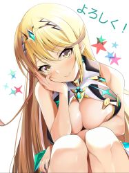 1girl bare_shoulders blonde_hair breasts chest_jewel cleavage cleavage_cutout clothing_cutout daive dress earrings highres jewelry large_breasts long_hair mythra_(xenoblade) short_dress swept_bangs tiara very_long_hair white_dress xenoblade_chronicles_(series) xenoblade_chronicles_2 yellow_eyes