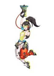 absurdres assault_visor cosplay green_visor head-mounted_display headphones highres hololive lucio_(overwatch) lucio_(overwatch)_(cosplay) mechanical_legs nyacifer oozora_subaru overwatch ponytail swept_bangs virtual_youtuber