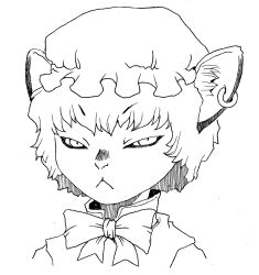 1girl :&lt; animal_ear_fluff animal_ear_piercing animal_ears bow bowtie cat_ears cat_girl chen closed_mouth commentary_request earrings furrification furry furry_female greyscale hat jewelry looking_at_viewer mob_cap monochrome onikobe_rin portrait short_hair simple_background single_earring solo touhou upper_body v-shaped_eyebrows