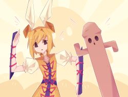1girl blonde_hair bow commentary double_bun dress final_fantasy guuchama hair_bow hair_bun haniwa_(statue) hollow_eyes joutouguu_mayumi looking_at_viewer open_mouth puffy_short_sleeves puffy_sleeves red_ribbon ribbon sabotender shirt short_hair short_sleeves sleeveless sleeveless_dress solo touhou vambraces white_bow white_shirt yellow_background yellow_dress