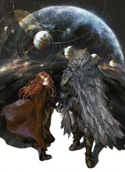 1boy 1girl alternate_costume animal_ears armor black_boots blaidd_the_half-wolf bonley boots brooch cape cloak closed_mouth elden_ring furry greaves highres holding_hands jewelry long_hair looking_at_viewer moon planet purple_eyes ranni_the_witch red_cape red_hair space star_(sky) very_long_hair wolf_boy wolf_ears yellow_eyes