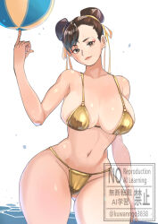 1girl arm_at_side ball bare_arms bare_legs beachball bikini breasts brown_eyes brown_hair capcom chun-li cleavage collarbone commentary_request double_bun gluteal_fold gold_bikini hair_bun hand_up index_finger_raised kuwango large_breasts navel solo street_fighter swimsuit thick_thighs thighs yellow_bikini