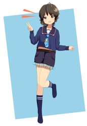 1girl absurdres ahoge black_hair black_sailor_collar black_shorts blue_background blue_necktie blue_shirt blue_socks brown_eyes cosplay crescent crescent_pin frilled_shorts frills highres kantai_collection minazuki_(kancolle) minazuki_(kancolle)_(cosplay) miyuki_(kancolle) necktie sailor_collar sailor_shirt school_uniform serafuku shirt short_hair shorts socks solo standing standing_on_one_leg subprocedure two-tone_background v