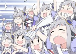 6+girls anger_vein animal_ears bespectacled blunt_bangs bow bowtie chrono_genesis_(umamusume) clone commentary_request funamori glasses gradient_background grey_hair hair_bow highres holding holding_paper horse_ears horse_girl long_hair midori_no_makibaoo multiple_girls o_o paper parody puffy_short_sleeves puffy_sleeves purple_bow purple_bowtie purple_shirt red_bow sailor_collar sailor_shirt scene_reference school_uniform shirt short_sleeves tracen_school_uniform umamusume