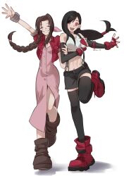 2girls aerith_gainsborough bangle black_hair blush bracelet braid braided_ponytail breasts brown_hair commentary cropped_jacket dress earrings elbow_pads final_fantasy final_fantasy_vii final_fantasy_vii_remake fingerless_gloves gloves hair_ribbon highres jacket jewelry long_dress long_hair low-tied_long_hair midriff multiple_girls parted_bangs pink_dress pink_ribbon red_eyes red_jacket ribbon skirt smile suspender_skirt suspenders tank_top teardrop_earrings tifa_lockhart vani_(hisha_04) white_tank_top