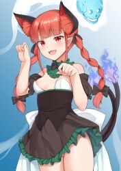1girl :d akasaka_sato animal_ear_fluff animal_ears black_dress blue_background bottomless cat_ears cat_girl cat_tail cleft_of_venus commentary cowboy_shot detached_collar dress extra_ears fangs fiery_tail gradient_background highres hitodama kaenbyou_rin looking_at_viewer multiple_tails no_panties open_mouth orange_hair paw_pose pointy_ears pussy red_eyes smile solo tail thighs touhou two_tails