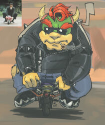 1boy abunai_deka black_hair black_jacket black_pants black_shoes black_suit blue_pants bowser bowser_(biker) commentary english_commentary formal_clothes full_body highres horns jacket kryptiq_kreachur leather leather_jacket long_sleeves looking_at_viewer male_focus mario_(series) mario_kart mario_kart_world motor_vehicle motorcycle mouth_hold nintendo official_alternate_costume on_motorcycle outdoors pants parody red_hair reference_inset scene_reference shoes short_hair signature smoke smoking solo suit sunglasses tachi_hiroshi takayama_toshiki thick_eyebrows torn_clothes torn_pants