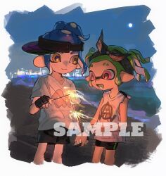 Rule 34 | 1boy, 1girl, beach, black bow, black gloves, black hairband, black hat, black shorts, blue hair, bow, bow hairband, closed mouth, commentary, eyebrow cut, fang, fingerless gloves, fingernails, fireworks, gloves, green hair, hair bow, hairband, hat, highres, holding, holding fireworks, holding hands, inkling, inkling girl, inkling player character, looking at another, lower teeth only, miko (15476997), nintendo, octoling, octoling boy, octoling player character, open mouth, outdoors, pink eyes, pointy ears, ponytail, sample watermark, sharp fingernails, shirt, short hair, short ponytail, short sleeves, short twintails, shorts, sideways hat, smile, sparkler, splatoon (series), symbol-only commentary, t-shirt, tank top, teeth, tentacle hair, thick eyebrows, twintails, visor cap, watermark, white shirt, white tank top, yellow eyes