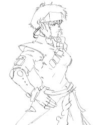 1girl black_outline fingerless_gloves ghost_in_the_shell gloves greyscale head-mounted_display highres kusanagi_motoko looking_to_the_side medium_hair monochrome outline raph_mavrost solo white_background
