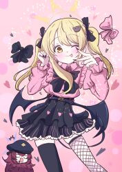 Rule 34 | 2girls, blonde hair, blue archive, demon wings, giorgio (yo sumire sola1), halo, highres, ibuki (blue archive), iroha (blue archive), jirai kei, multiple girls, one eye closed, shirt, skirt, tail, thighhighs, tongue, tongue out, wings, yellow eyes