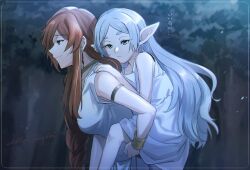 2girls aki_(neyuki41028) artist_name bracelet braid carrying carrying_person closed_mouth dress earrings elf expressionless flamme_(sousou_no_frieren) floating_earrings forest frieren gold_armlet gold_bracelet green_eyes grey_hair hand_on_another&#039;s_shoulder jewelry long_dress long_hair multiple_girls nature night piggyback pointy_ears profile red_hair sleeveless sleeveless_dress sousou_no_frieren thick_eyebrows very_long_hair white_dress