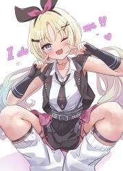 Rule 34 | 1girl, ;3, ;d, absurdres, armpits, black hairband, black necktie, black skirt, blonde hair, blue eyes, blue hair, blush, bow hairband, choker, collarbone, collared shirt, commentary, english text, fang, feet out of frame, fingerless gloves, fingers to cheeks, gloves, gradient hair, hair ornament, hairband, head tilt, highres, i do me! (love live!), leg warmers, legwear garter, link! like! love live!, looking at viewer, loose necktie, love live!, low twintails, miniskirt, multicolored hair, multiple thigh straps, necktie, nekomaru nisei, o-ring, o-ring choker, official alternate costume, one eye closed, open mouth, osawa rurino, pleated skirt, shirt, simple background, skindentation, skirt, sleeveless, sleeveless jacket, sleeveless shirt, smile, solo, song name, squatting, twintails, two-tone hair, virtual youtuber, white background, white leg warmers, white shirt, x hair ornament
