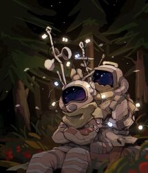 Rule 34 | 2others, christmas lights, covered face, crossed arms, facing viewer, gabbro, green scarf, hatchling (outer wilds), helmet, highres, multiple others, night, okajamira, other focus, outdoors, outer wilds, radio antenna, scarf, sitting, space helmet, tree, tube, zzz