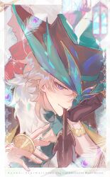 2boys absurdres archer_(fate) aventurine_(honkai:_star_rail) black_hat blonde_hair blue_eyes border bracelet brown_gloves cleavage_cutout clothing_cutout coin commentary_request fate_(series) fur_trim glove_in_mouth gloves hat highres holding holding_coin honkai:_star_rail honkai_(series) indoors jacket jewelry lantern leaning_forward looking_at_viewer male_focus mouth_hold multicolored_eyes multiple_boys one_eye_covered peacock_feathers pectoral_cleavage pectorals pink_eyes red_jacket roscoe_(onyx_black89) smile two-tone_eyes upper_body watermark white_hair
