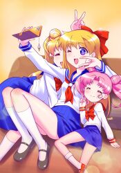 3girls ;d aino_minako bishoujo_senshi_sailor_moon black_shoes blonde_hair blue_sailor_collar blue_skirt bow bunny_ears_prank cellphone cellphone_charm charm_(object) chibi_usa closed_mouth cone_hair_bun double_bun earrings hair_bow hair_bun highres himehachi_(hime8manga) holding holding_phone jewelry long_hair long_sleeves mary_janes medium_hair miniskirt mother_and_daughter multiple_girls neckerchief one_eye_closed open_mouth phone pink_hair red_bow red_neckerchief red_shoes sailor_collar school_uniform selfie serafuku shirt shoes skirt smartphone smile split_mouth tsukino_usagi twintails white_shirt