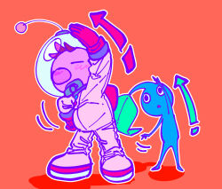 1boy arm_up backpack bad_tag bag big_nose black_eyes blue_pikmin blue_skin brown_hair buttons closed_eyes colored_skin expressionless flat_color full_body gloves hand_on_own_hip helmet highres leaf leaning_to_the_side looking_ahead male_focus nintendo olimar orange_background outline pikmin_(creature) pikmin_(series) radio_antenna red_bag red_gloves shadow short_hair simple_background space_helmet spacesuit standing stretching triangle_mouth very_short_hair whistle white_outline yu_pikmin