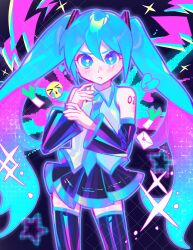 1girl :t aqua_hair aqua_necktie black_skirt black_thighhighs closed_mouth cowboy_shot crying_emoji detached_sleeves emoji furrowed_brow gradient_hair hair_between_eyes hatsune_miku highres iro_(mywife_sunny) letter long_hair looking_at_viewer multicolored_hair necktie shirt skirt solo teardrop thighhighs twintails very_long_hair vocaloid white_shirt