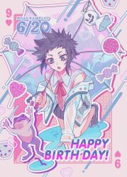 1girl birthday black_shoes black_skirt blue_jacket blue_umbrella border candy card card_background collared_shirt d.gray-man dice english_text food frog gradient_umbrella hand_on_floor happy_birthday heart heart-shaped_food heart-shaped_lollipop highres holding holding_umbrella jacket jacket_partially_removed kneeling legs lero lollipop looking_at_animal messy_hair miniskirt open_clothes open_jacket open_mouth outside_border pink_background pink_border pink_ribbon playing_card purple_eyes purple_hair purple_umbrella rain ribbon road_kamelot see-through_clothes see-through_jacket shaped_lollipop sheet_ghost shirt shoes short_hair sidelocks skirt sleeveless sleeveless_shirt solo spiked_hair thighs umbrella uzura-000 water_drop wet_floor white_shirt