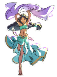 1girl aladdin_(movie) aqua_shirt aqua_skirt barefoot belly_dancing black_hair breasts dancing full_body highres holding_veil jasmine_(disney) jewelry long_hair long_skirt low-tied_long_hair medium_breasts midriff necklace parted_bangs parted_lips shirt sketch skirt smile solo tan white_background yotukuro