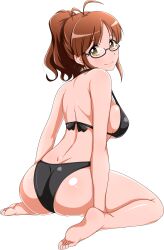 Rule 34 | 1girl, absurdres, akizuki ritsuko, ass, back, bikini, black bikini, breasts, brown eyes, brown hair, feet, glasses, highres, idolmaster, idolmaster (classic), jabara tornado, large breasts, legs, long hair, looking at viewer, looking back, ponytail, sideboob, simple background, sitting, smile, soles, solo, spread legs, swimsuit, thighs, toes, wariza, white background