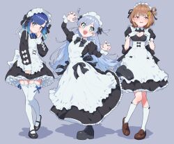 Rule 34 | 3girls, alternate costume, apron, black dress, black nails, black shoes, blue eyes, blue hair, blush, breasts, brown eyes, brown hair, brown shoes, claw pose, cleavage, cleavage cutout, clothing cutout, collared dress, dress, embarrassed, enmaided, flipped hair, frilled apron, frilled thighhighs, frills, full body, garter straps, gloves, gradient hair, green eyes, grey background, heart cutout, highres, juliet sleeves, kneehighs, loafers, long dress, long hair, long sleeves, looking at viewer, looking to the side, maid, maid apron, maid headdress, mary janes, multicolored hair, multiple girls, nail polish, niboshidrip, orange hair, platform shoes, puffy sleeves, sendo yuuhi, shadow, shoes, short hair, simple background, sleeve cuffs, smile, socks, standing, thighhighs, tsumugi kokage, two-tone hair, two side up, virtual youtuber, vspo!, white apron, white garter straps, white gloves, white headdress, white socks, white thighhighs, yano kuromu