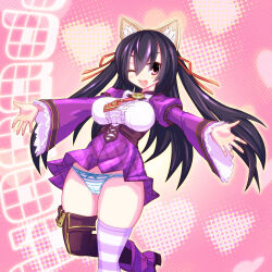 Rule 34 | 1girl, animal ears, black hair, boots, breasts, cameltoe, corset, emil chronicle online, frilled sleeves, frills, hair ribbon, highres, large breasts, long hair, necktie, outstretched arms, panties, purple eyes, purple thighhighs, ribbon, serizawa (knight2020), striped clothes, striped panties, striped thighhighs, syugoma kanade, thigh boots, thighhighs, thighs, twintails, underwear