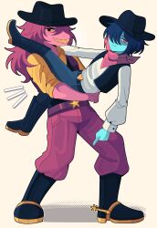 1girl 1other absurdres aqua_skin belt black_boots black_hat blue_hair bobamiruku boots colored_skin colored_teeth cowboy cowboy_hat deltarune furry furry_female hat highres jojo_no_kimyou_na_bouken jojo_pose knee_boots kris_(dark_world)_(deltarune) kris_(deltarune) kris_(ralsei_rancher)_(deltarune) official_alternate_costume pink_skin ralsei red_eyes reptile_girl sharp_teeth shirt short_hair simple_background smile spurs steel_ball_run susie_(dark_world)_(deltarune) susie_(deltarune) susie_(ralsei_rancher)_(deltarune) teeth vest western yellow_teeth