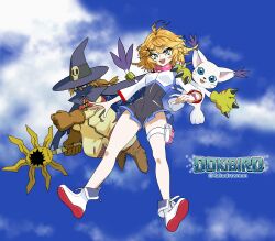 1girl absurdres ahoge animal aqua_eyes black_romper blonde_hair boots brand_name_imitation breasts brown_jumpsuit cape character_name cloud cosplay digimon digimon_(creature) digimon_world_-next_0rder- dokibird_(vtuber) dokibird_(vtuber)_(bounty_hunter) full_body gloves hair_ornament hairclip hat highres holding holding_staff indie_virtual_youtuber jumpsuit kakudrawmon long_sleeves medium_hair open_mouth pouch shiki_(digimon_world_-next_0rder-) shiki_(digimon_world_-next_0rder-)_(cosplay) shoes sky small_breasts smile staff tailmon thigh_pouch twitter_username two-tone_romper virtual_youtuber white_romper wizard_hat wizarmon