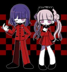 1boy 1girl :o arm_behind_back black_hairband black_sailor_collar black_shoes blunt_bangs blunt_ends bow_hairband brother_and_sister checkered_background double_bun full_body gakuran hair_bun hairband hand_on_own_chest highres jacket long_hair looking_to_the_side medium_hair pants pantyhose pink_eyes pink_hair pixel_art purple_hair red_jacket red_pants red_serafuku rub-b sailor_collar school_uniform serafuku shoes siblings smirk standing the_hundred_line_-last_defense_academy- tsukumo_ima tsukumo_kako twins twintails white_pantyhose
