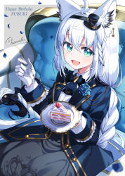 1girl ahoge animal_ear_fluff animal_ear_piercing animal_ears aqua_eyes ascot blue_bow blue_bowtie blue_flower blue_hat blue_jacket blue_rose bow bowtie braid braided_ponytail cake cake_slice collared_shirt commentary_request couch double-parted_bangs earrings flower food fork fox_ears fox_girl fox_tail gold_trim grey_skirt hair_between_eyes hair_bow happy_birthday hat highres holding holding_fork holding_plate hololive jacket jewelry lapels long_hair mini_hat mini_top_hat momone_cco notched_lapels official_alternate_costume official_alternate_hairstyle on_couch open_clothes open_jacket pentagram plate rose shirakami_fubuki shirakami_fubuki_(aristocrat_kei) shirt side_braid single_braid sitting skirt solo star_(symbol) star_earrings strawberry_shortcake tail tilted_headwear top_hat very_long_hair virtual_youtuber white_background white_hair white_shirt