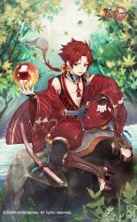 1boy abs boots brown_boots cocosuke company_name copyright_name day food_fantasy full_body hair_ornament highres katana long_hair male_focus mentaiko_(food_fantasy) official_art on_rock open-toe_boots orb outdoors red_hair sheath sheathed sitting smile sword toned toned_male weapon wide_sleeves
