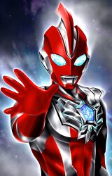 1boy alien armor blue_eyes blurry blurry_background breastplate color_timer colored_skin commentary compound_eyes dorsal_fin eye_slugger galaxy glowing glowing_eyes hand_up hanejidyna86 highres large_pectorals looking_at_viewer male_focus multicolored_skin no_pupils open_hand outstretched_arm outstretched_hand pectorals reaching reaching_towards_viewer red_skin silver_skin sky solo space spread_fingers standing star_(sky) starry_sky tokusatsu toned toned_male twitter_username two-tone_skin ultra_series ultraman_omega ultraman_omega_(series) upper_body