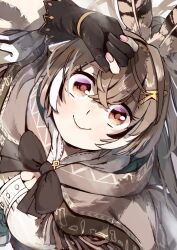 1girl brown_cloak brown_eyes brown_hair cleavage_cutout cloak clothing_cutout feather_hair_ornament feathers floating_hair from_above gloves hair_ornament hairclip hand_up highres hololive hololive_english hood hooded_cloak koto7suke lantern light_rays long_hair looking_at_viewer looking_up nanashi_mumei nanashi_mumei_(1st_costume) partially_fingerless_gloves pink_nails ponytail ribbon shirt smile very_long_hair virtual_youtuber white_shirt wide-eyed