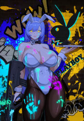 1girl absurdres ammunition animal_ears areola_slip assault_rifle bare_shoulders black_leotard blue_hair breasts bullpup cowboy_shot cuffs cup denim drinking_glass eyeshadow f.b.w fishnets garter_straps girls&#039;_frontline glowing_lipstick_mark glowing_liquid gun highleg highleg_leotard highres holding holding_gun holding_tray holding_weapon iwi_tavor large_breasts leotard long_hair magazine_(weapon) makeup navel pantyhose playboy_bunny purple_eyeshadow rifle see-through_clothes short_shorts shorts shoulder_tattoo solo strapless tar-21_(girls&#039;_frontline) tattoo tavor_tar-21 thighhighs tray underwear weapon white_leotard yellow_eyes