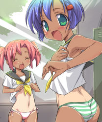 2girls blue_hair blush bottomless closed_eyes dark-skinned_female dark_skin eeeeee green_eyes light_rays locker locker_room looking_back multiple_girls no_pants one-piece_tan open_mouth original panties pink_hair pink_panties school_uniform serafuku short_hair side-tie_panties striped_clothes striped_panties sunbeam sunlight tan tanline twintails underwear