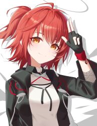 1girl absurdres arknights black_jacket commentary_request exusiai_(arknights) halo highres jacket jei_(user_tckk7448) looking_at_viewer one_side_up red_hair shirt solo tagme upper_body white_shirt yellow_eyes