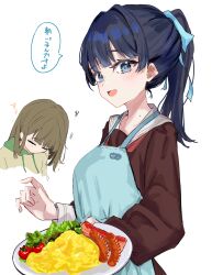 2girls :d absurdres apron blue_apron blue_eyes blue_ribbon blush breasts brown_dress brown_hair cherry_tomato collarbone colored_speech_bubble commentary_request dress food green_hood hair_intakes hair_ribbon hasu_no_sora_school_uniform highres holding holding_plate hood hoodie jin_(oihlf) kachimachi_kosuzu kachimachi_kosuzu_(summer_loungewear) lettuce link!_like!_love_live! lone_nape_hair long_hair long_sleeves looking_at_viewer love_live! medium_breasts mole mole_on_neck mother&#039;s_day multiple_girls murano_sayaka neckerchief open_mouth plate ponytail red_neckerchief ribbon sailor_collar sailor_dress sausage school_uniform scrambled_egg simple_background sleeping sleeping_upright smile speech_bubble squeans tomato upper_body virtual_youtuber white_background white_sailor_collar winter_uniform yellow_hoodie
